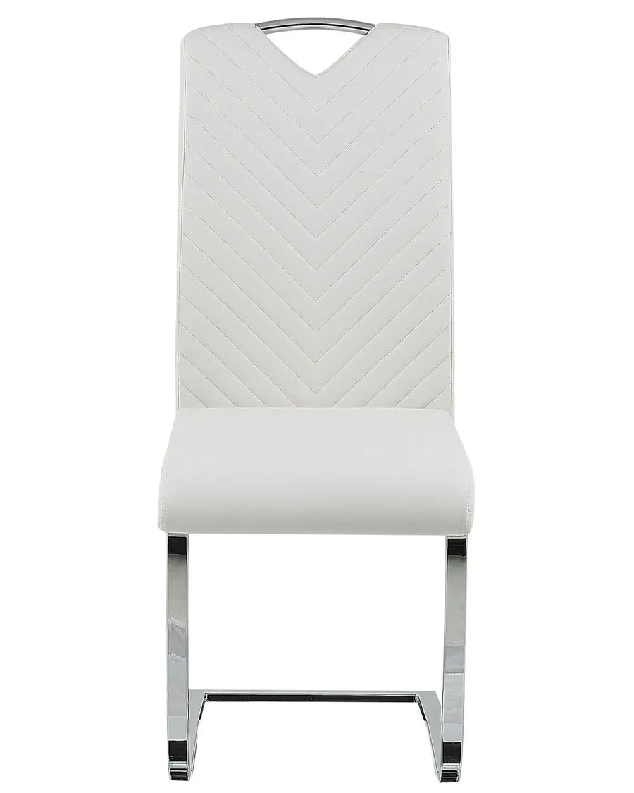 White faux leather cantilever dining chair with a tall V-pattern stitched backrest, padded seat, integrated chrome handle, and polished chrome sled base, displayed on a white background.