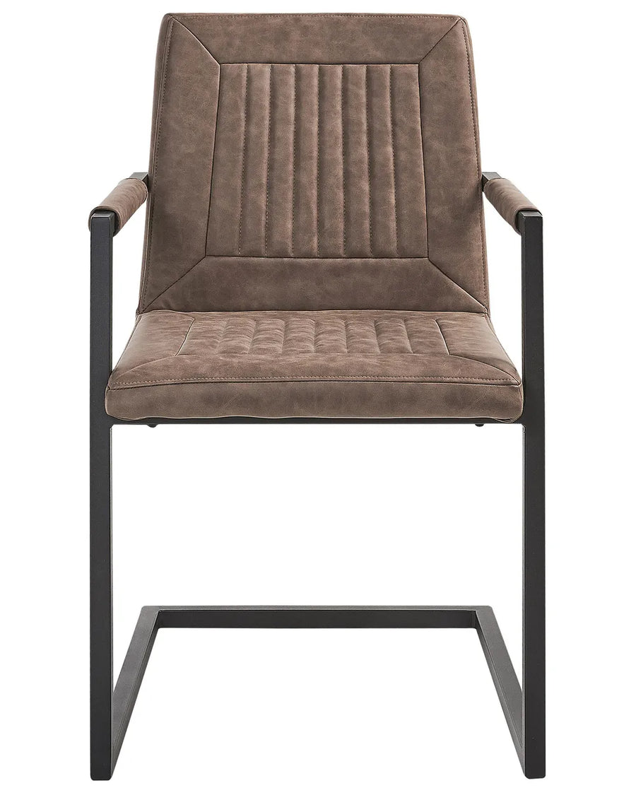 Brown faux leather dining chair with padded armrests, stitched detailing, and a black cantilever metal frame, photographed on a white background.