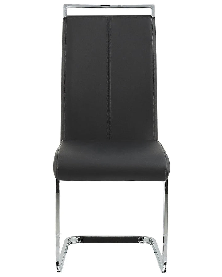 Modern cantilever dining chair with black faux leather upholstery and a polished chrome frame for a sleek contemporary look.