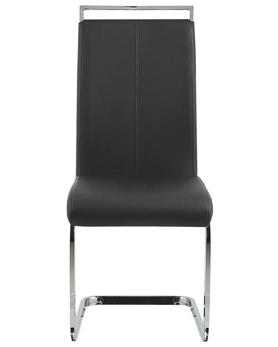 Modern cantilever dining chair with black faux leather upholstery and a polished chrome frame for a sleek contemporary look.