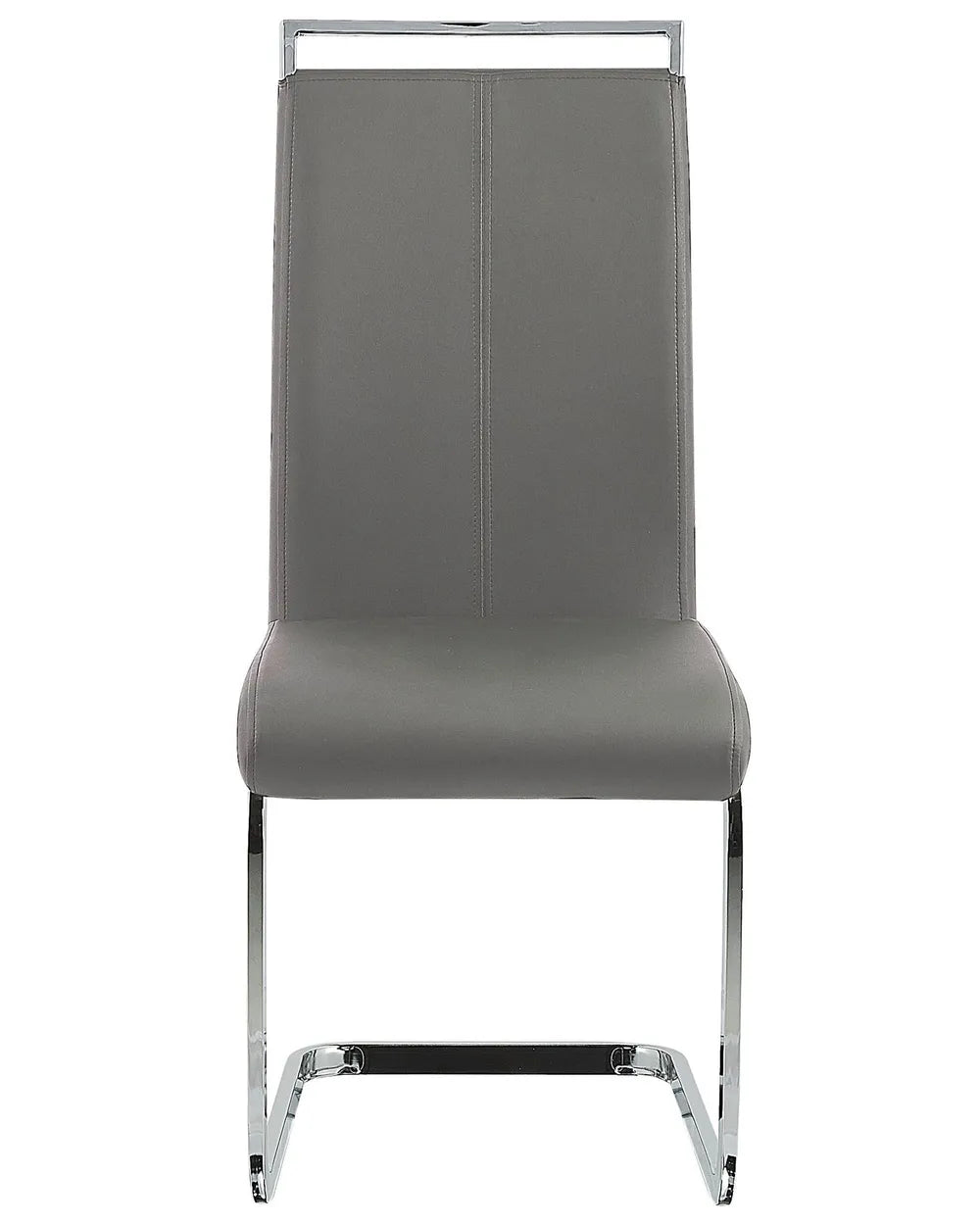 Contemporary cantilever dining chair featuring smooth grey faux leather upholstery, a high-back design, and a polished chrome sled base for a sleek modern look.