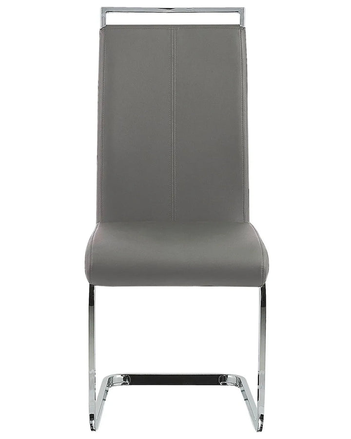 Contemporary cantilever dining chair featuring smooth grey faux leather upholstery, a high-back design, and a polished chrome sled base for a sleek modern look.