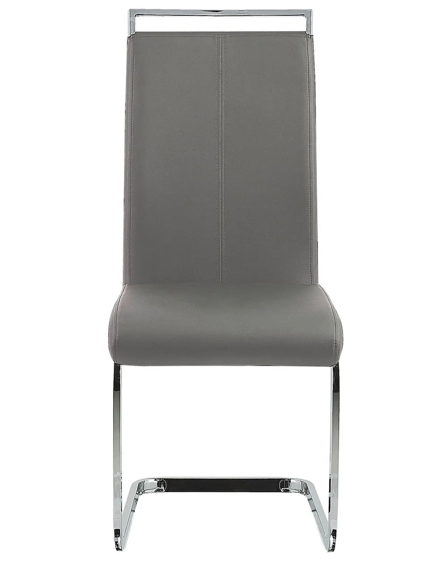 Contemporary cantilever dining chair featuring smooth grey faux leather upholstery, a high-back design, and a polished chrome sled base for a sleek modern look.