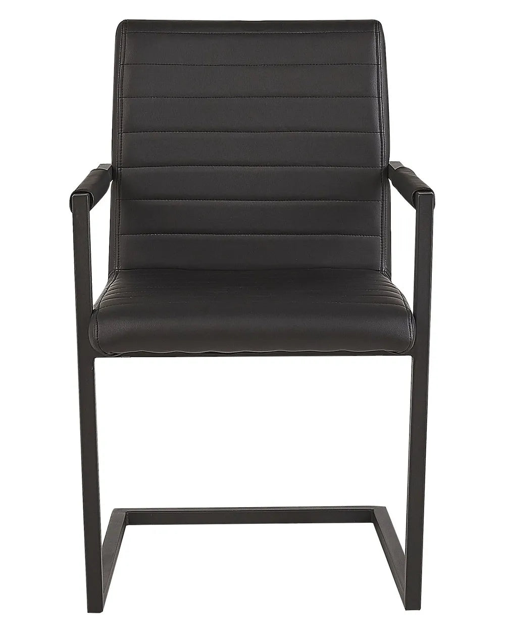 Modern cantilever dining chair upholstered in sleek black faux leather, featuring horizontal stitched detailing, integrated armrests, and a sturdy black metal frame for a contemporary look and supportive comfort.