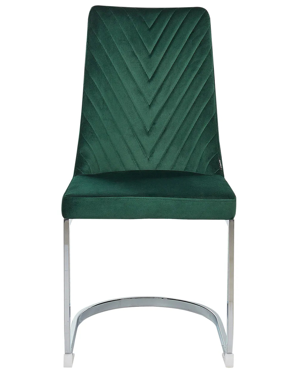 Green velvet cantilever dining chair with chrome frame.