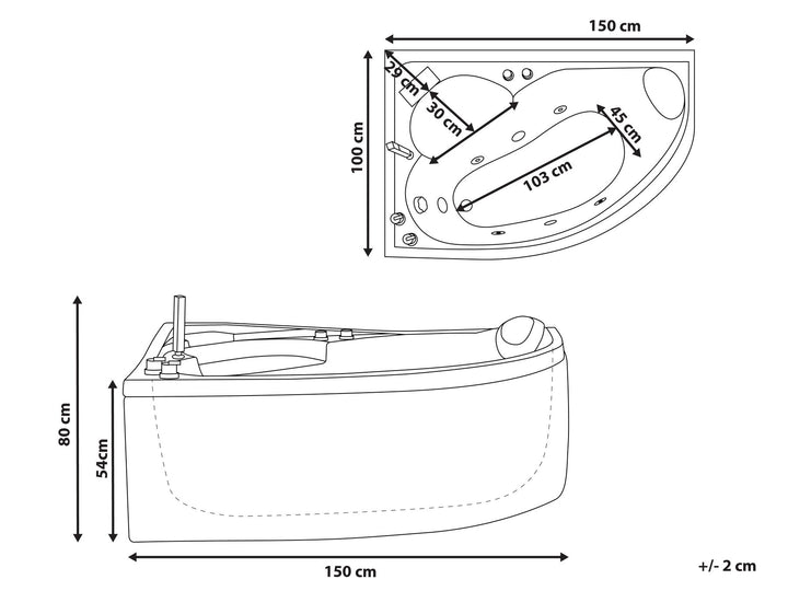 Right Hand Whirlpool Corner Bath with LED 1500 x 1000 mm White Neiva