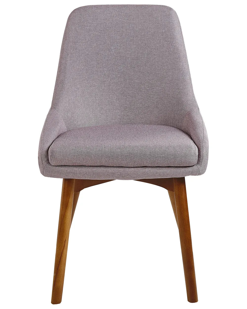 Taupe fabric dining chair with a softly curved backrest, padded seat cushion, and angled wooden legs for everyday comfort.