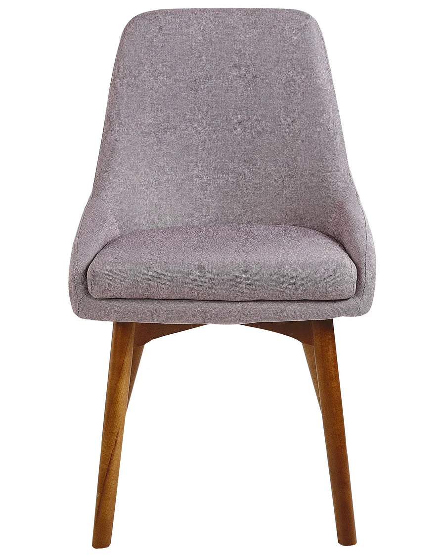 Taupe fabric dining chair with a softly curved backrest, padded seat cushion, and angled wooden legs for everyday comfort.