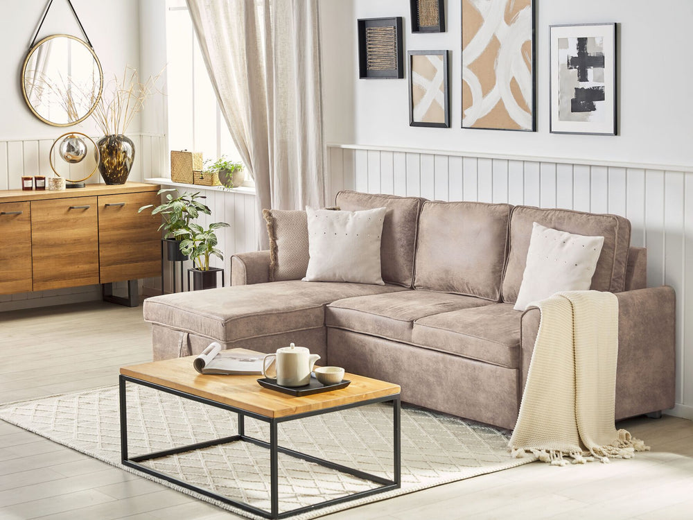 Nesna Right Hand Faux Leather Corner Sofa Bed with Storage Brown 