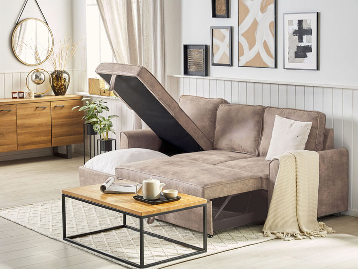Nesna Right Hand Faux Leather Corner Sofa Bed with Storage Brown