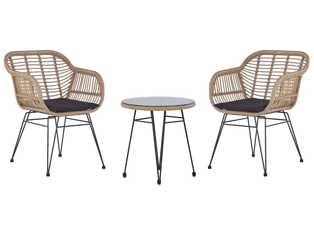 Bistro Set with Cushions PE Rattan Natural Poppy