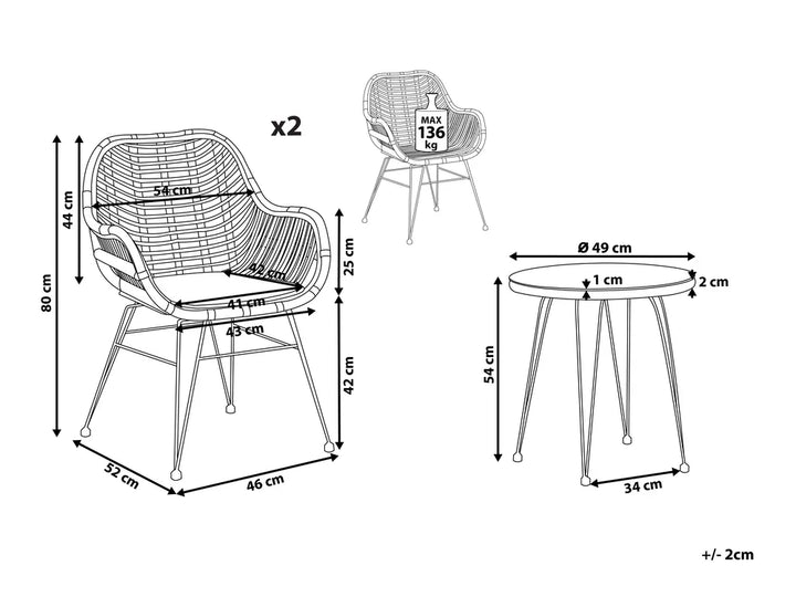 Bistro Set with Cushions PE Rattan Natural Poppy