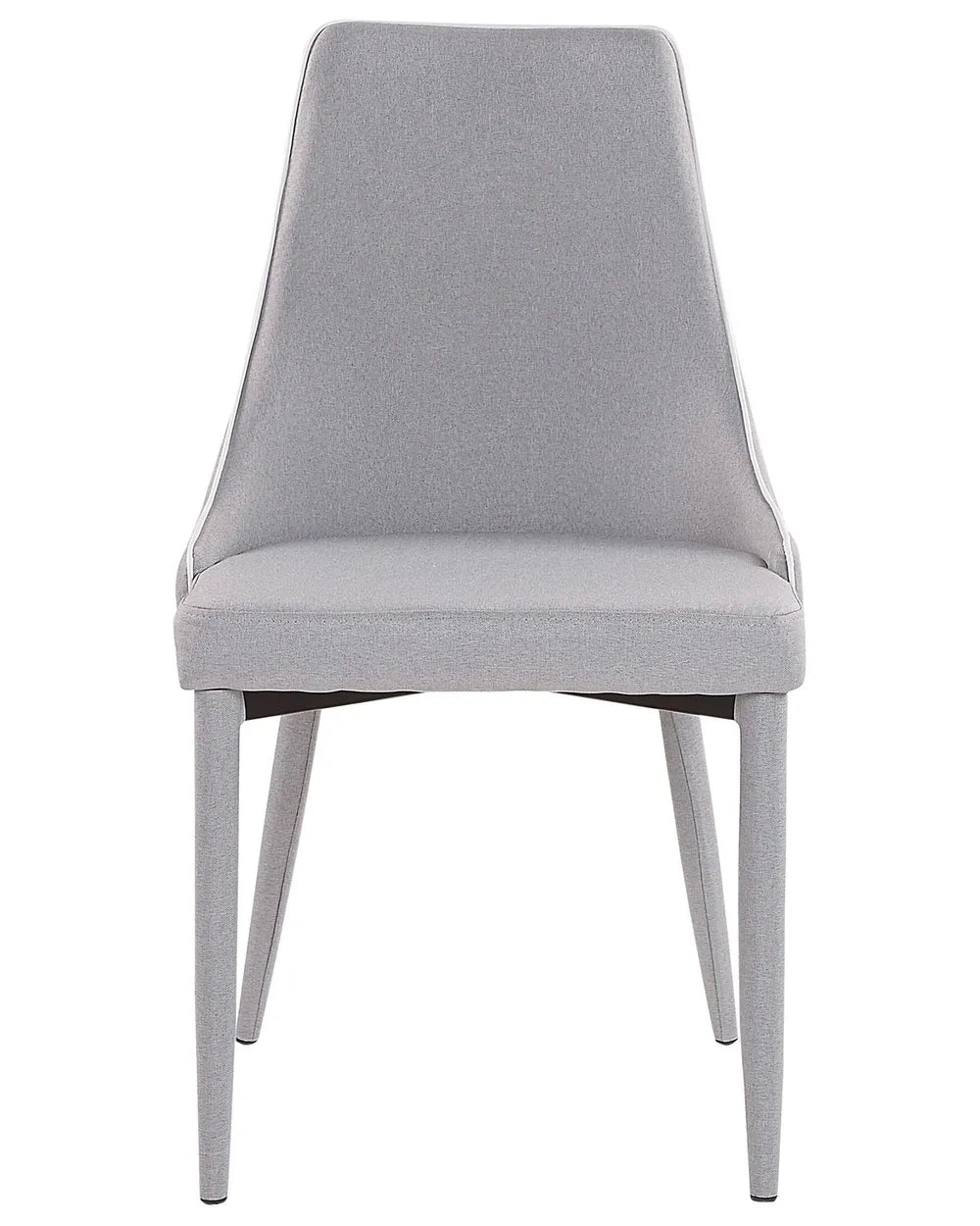 Light grey upholstered dining chair with a high backrest, padded seat, and fully fabric-covered legs for a refined, contemporary look.