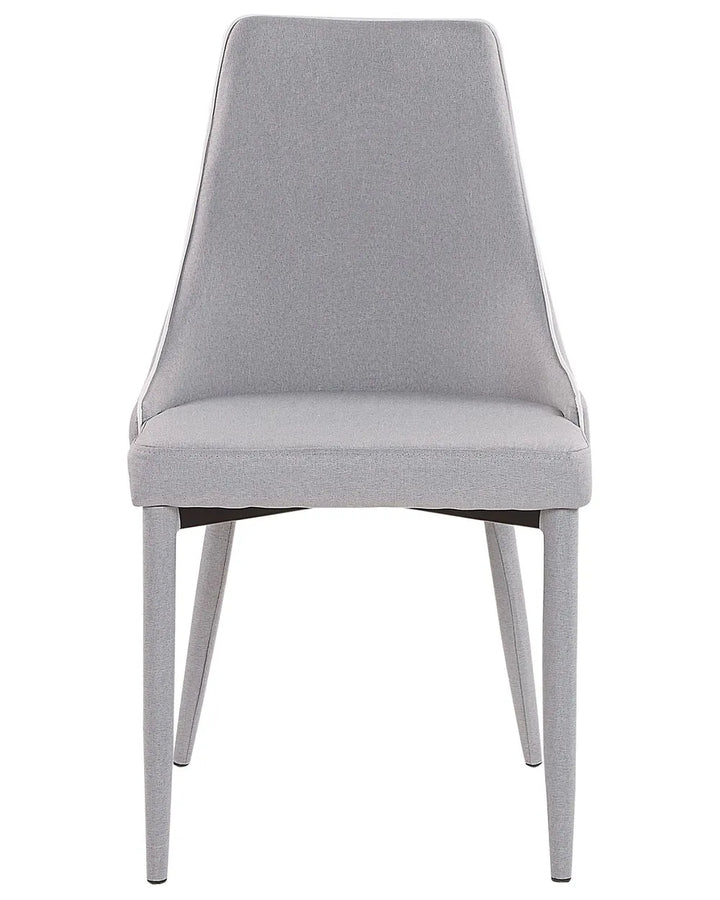 Light grey upholstered dining chair with a high backrest, padded seat, and fully fabric-covered legs for a refined, contemporary look.
