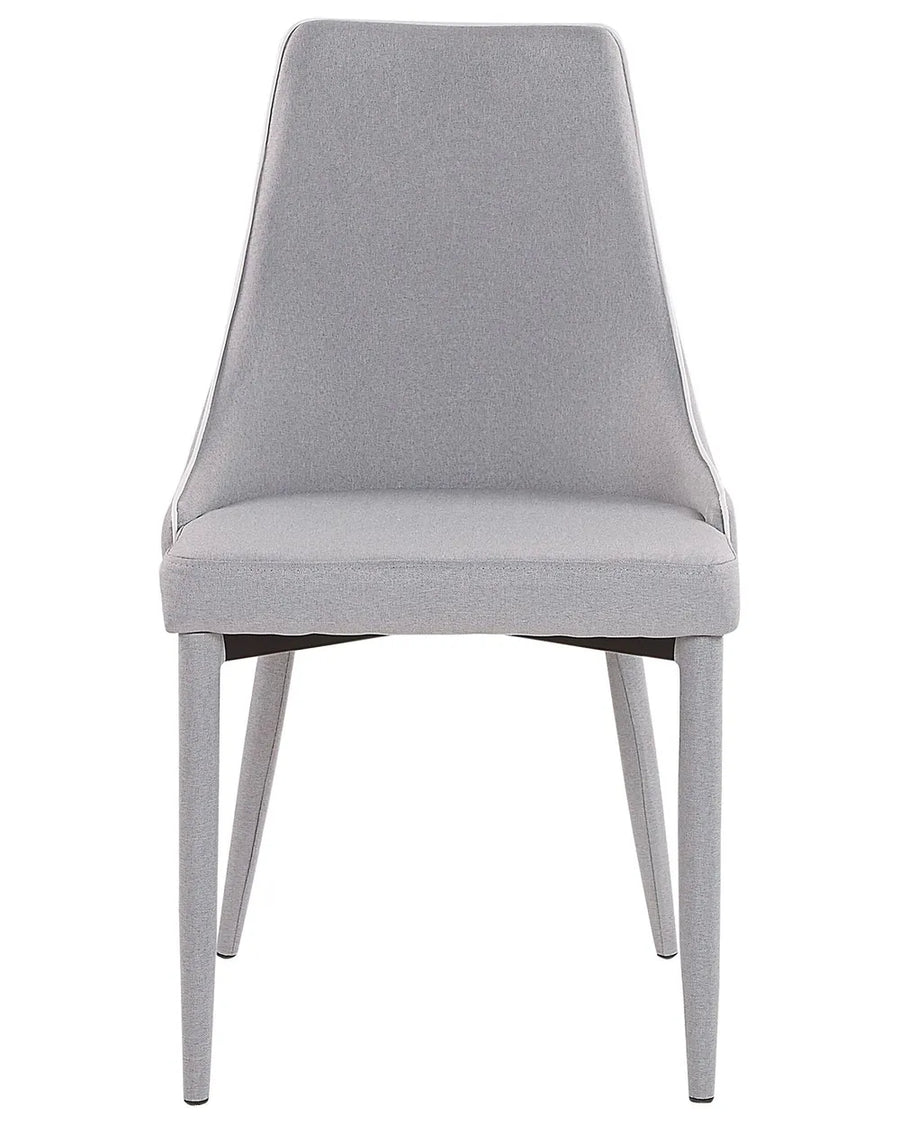 Light grey upholstered dining chair with a high backrest, padded seat, and fully fabric-covered legs for a refined, contemporary look.
