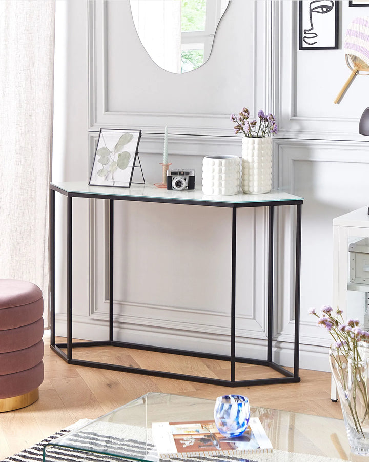 Console Table Tempered Glass Marble/ Black Modern  Zorvia
