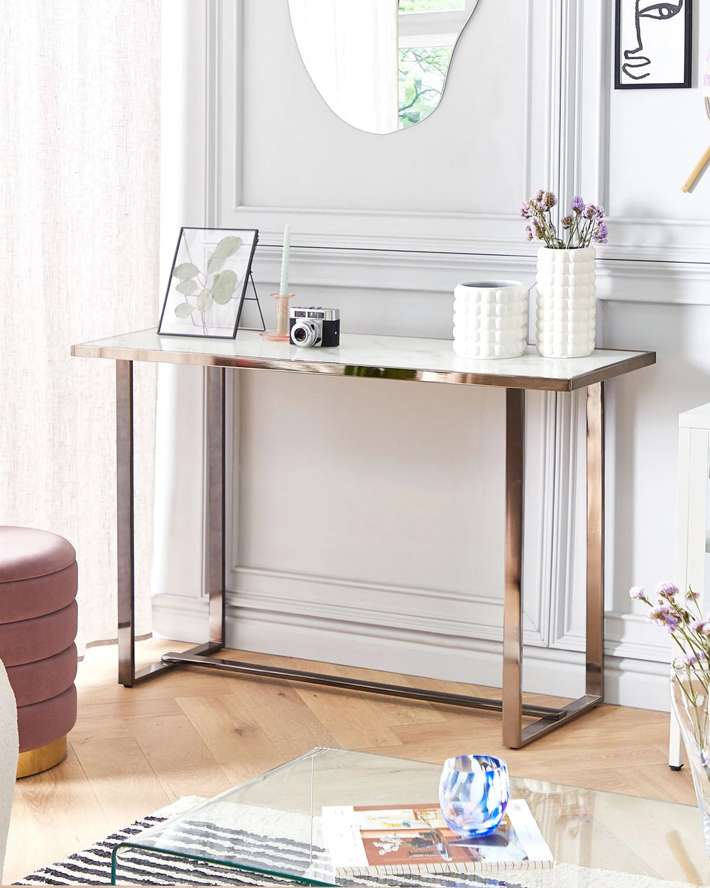 Console Table Tempered Glass White Modern Marble Celron