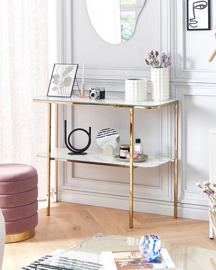 Console Table Tempered Glass Marble/ Gold Construction Dorvan