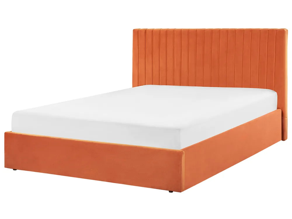 Orange bed frame with white mattress on a white background