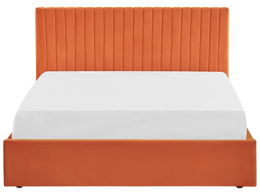 Orange upholstered bed with white mattress on a white background
