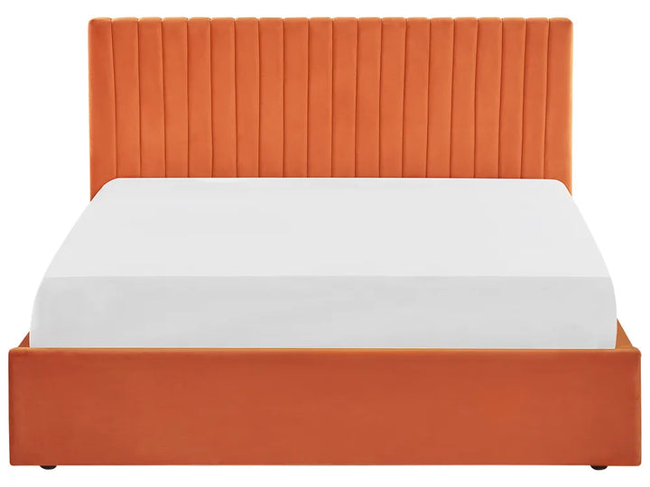 Orange upholstered bed with white mattress on a white background