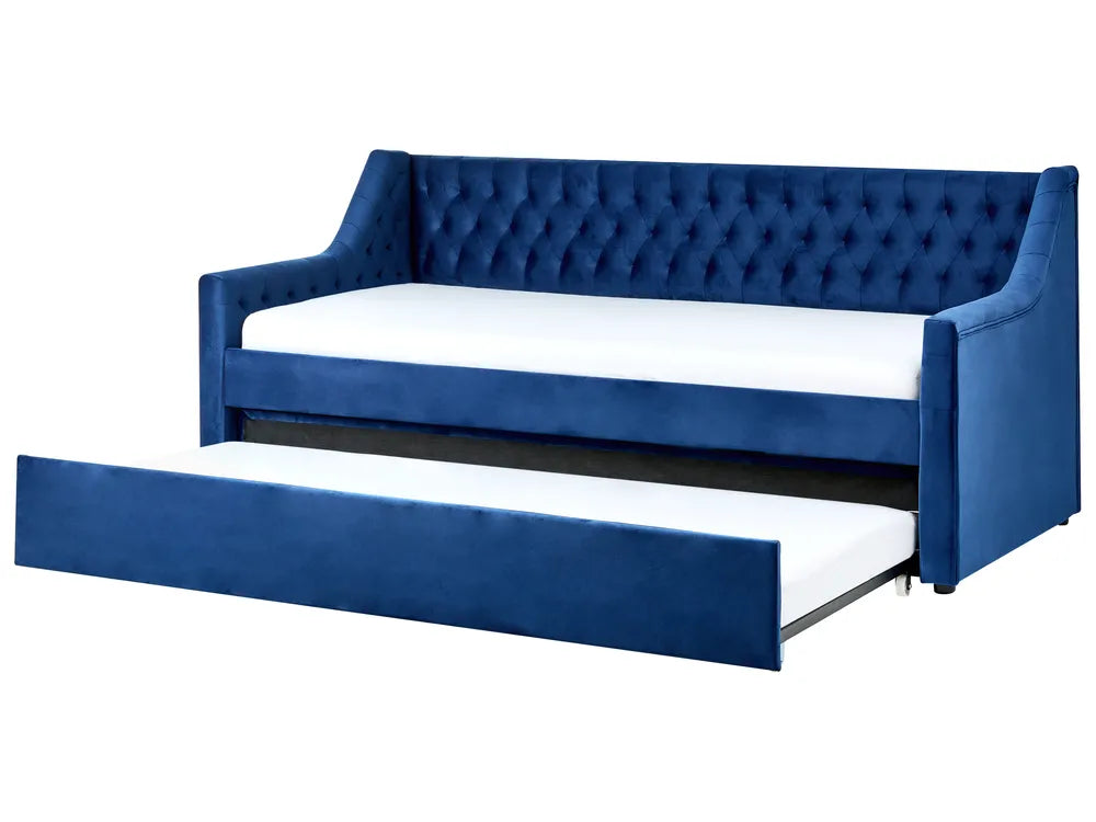 Blue tufted sofa bed with white mattress on a white background