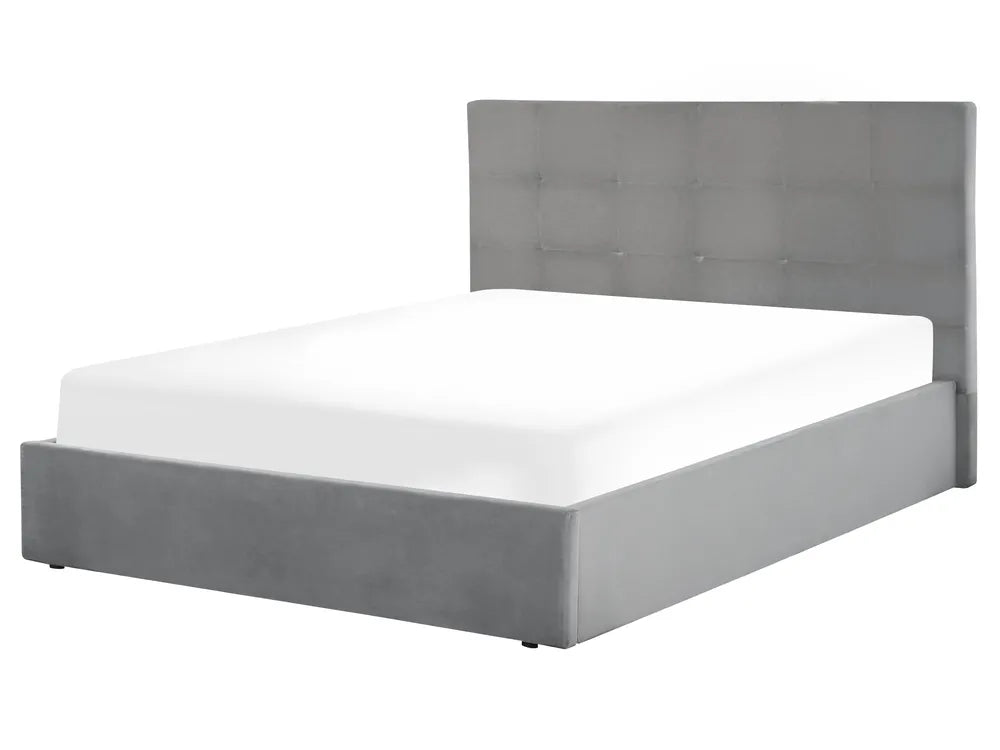 Grey upholstered bed frame with white mattress 