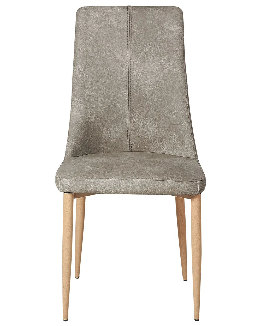 Elegant dining chair upholstered in light grey faux leather with a subtly distressed finish, featuring a high supportive backrest and tapered natural wood-effect legs. Its clean silhouette and soft padding offer both comfort and contemporary style.
