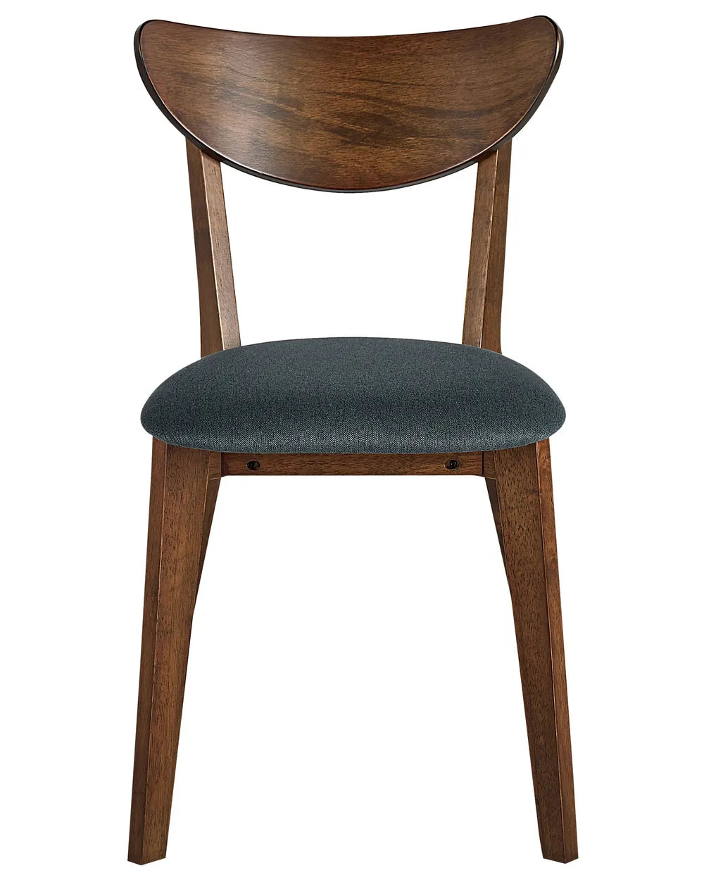 Dark wood dining chair with curved wooden backrest and dark grey upholstered seat on a white background.
