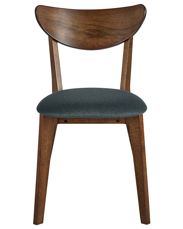 Dark wood dining chair with curved wooden backrest and dark grey upholstered seat on a white background.