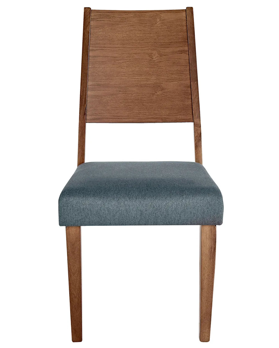 Dining chair featuring a warm walnut-finish wooden frame, a gently curved backrest, and a padded blue upholstered seat. Its clean silhouette blends comfort with contemporary style.