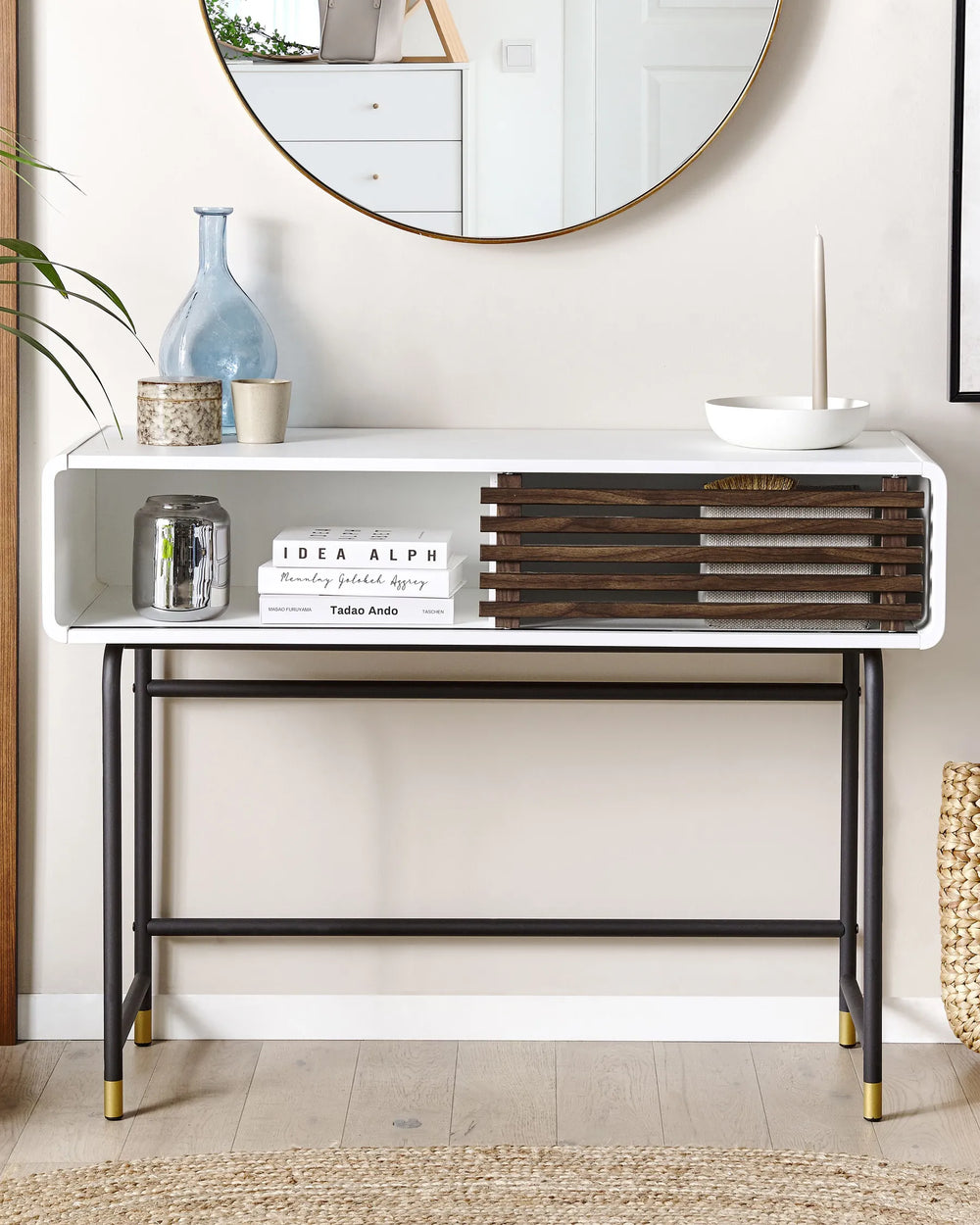 Console Table White Stylish Slatted Sliding Doors Xovira