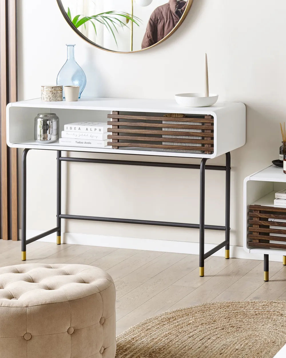 Console Table White Stylish Slatted Sliding Doors Xovira