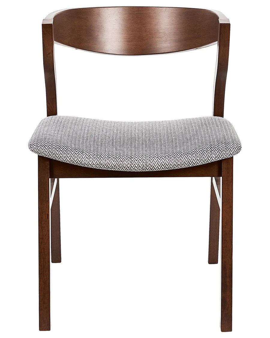 Modern dining chair with a curved walnut wood backrest, textured grey woven cushioned seat, and warm brown wooden frame, displayed against a clean white background.