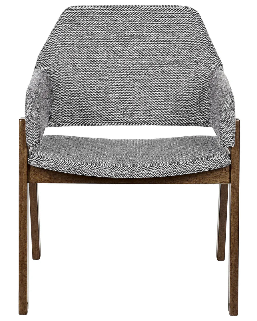 Grey fabric armchair with integrated armrests and a walnut-finish wooden frame.