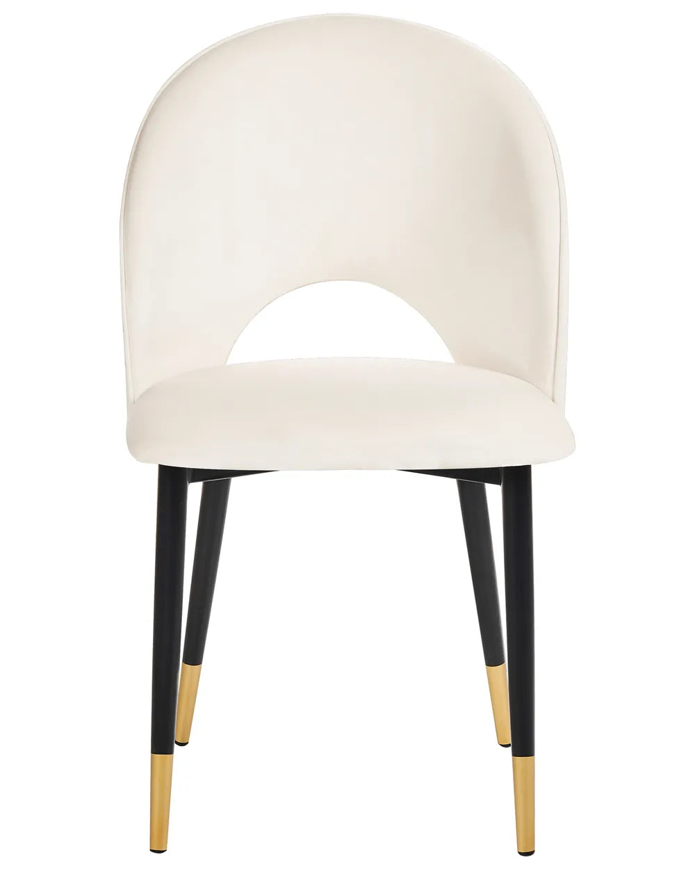 Cream upholstered dining chair with a curved backrest, cut-out detail, and black legs with gold accents.