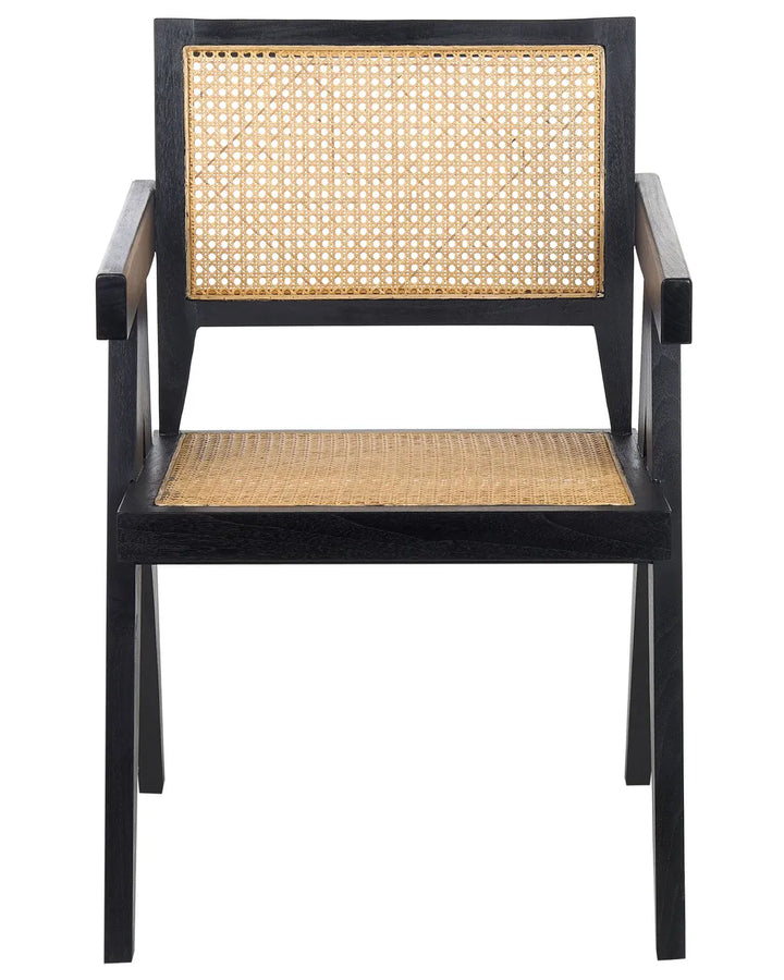 Wooden chair with wicker backrest on a white background.