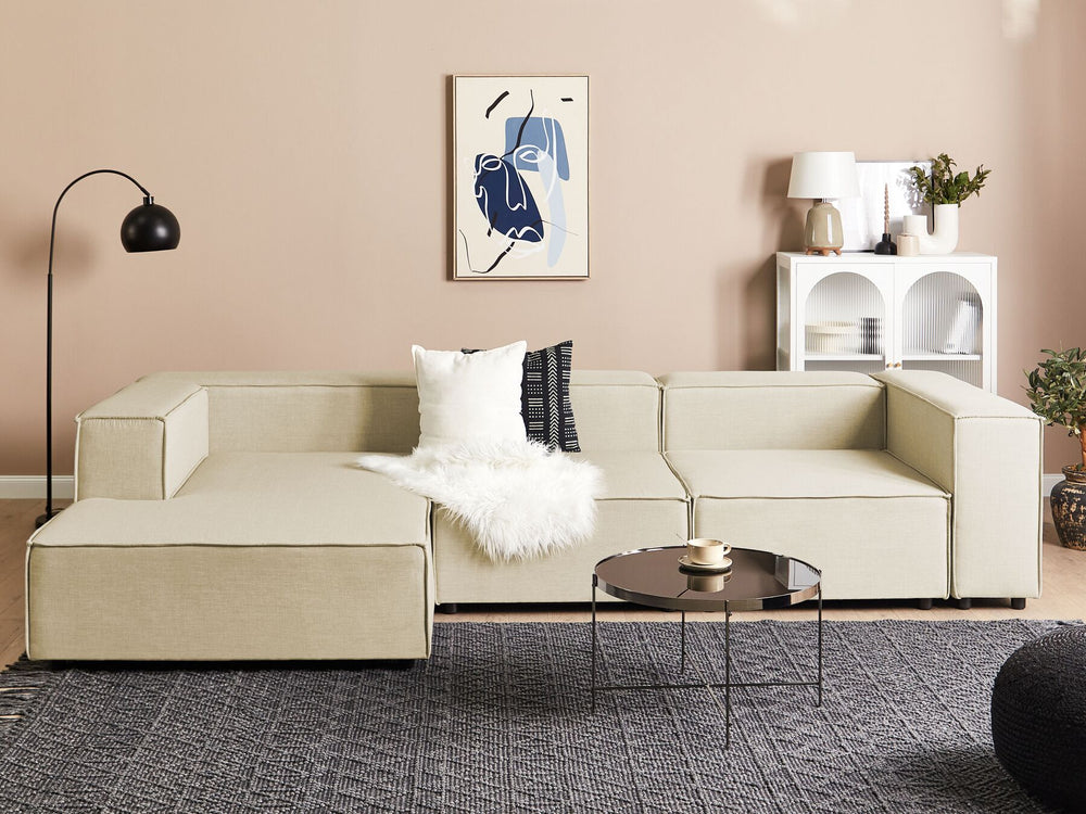 Aprica Right Hand 3 Seater Modular Linen Corner Sofa Beige