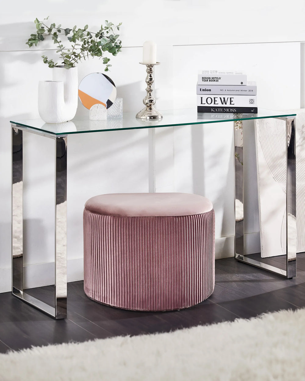 Tempered glass entryway table silver