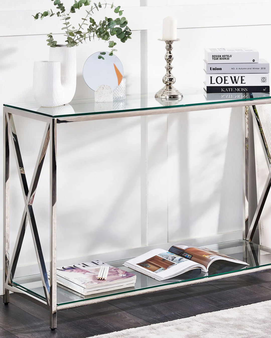 Console Table Tempered Glass Silver Elegant Design Sevano