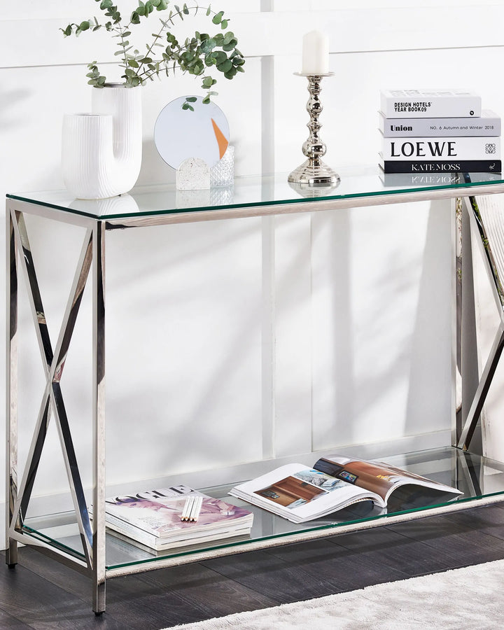Console Table Tempered Glass Silver Elegant Design Sevano