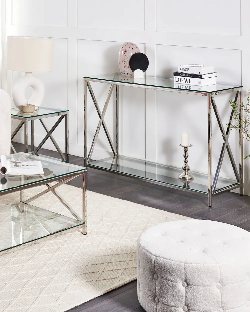 Console Table Tempered Glass Silver Elegant Design Sevano