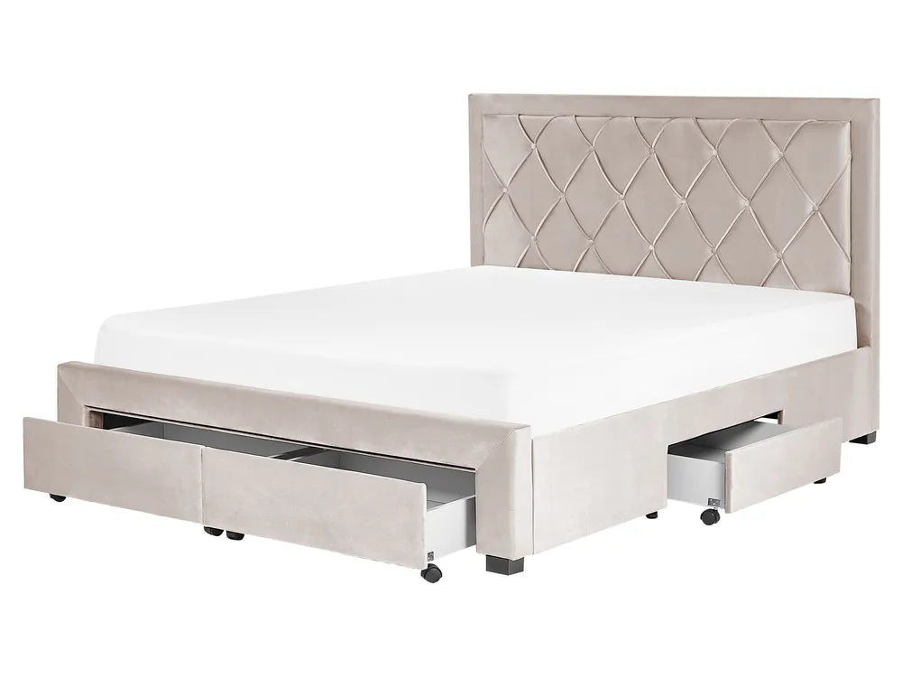 Beige upholstered bed with storage drawers 