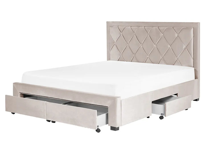 Beige upholstered bed with storage drawers 