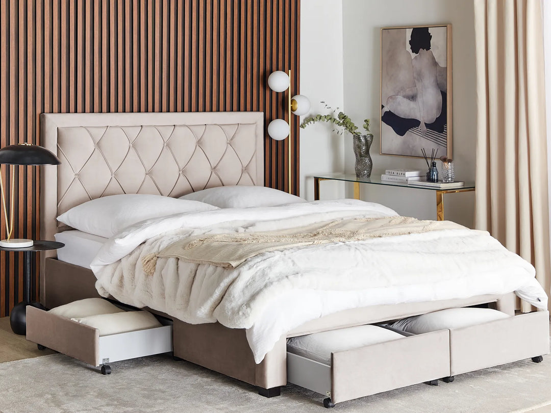 Modern bedroom with a bed featuring storage drawers