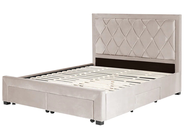 Beige upholstered bed with diamond-patterned headboard 