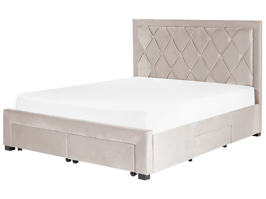 Beige upholstered bed with diamond patterned headboard