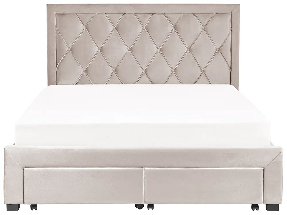 Bed with Storage Drawers Velvet 160 x 200 cm (EU King Size) Beige Klea