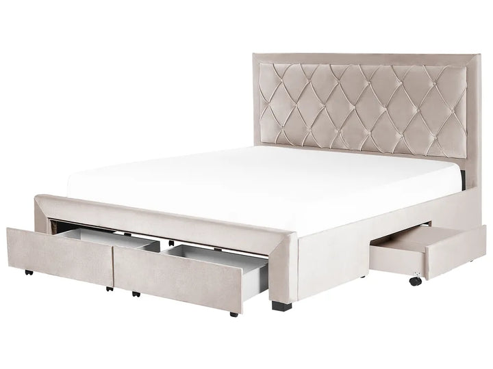 Bed with Storage Drawers Velvet 180 x 200 cm (EU Super King) Beige Klea