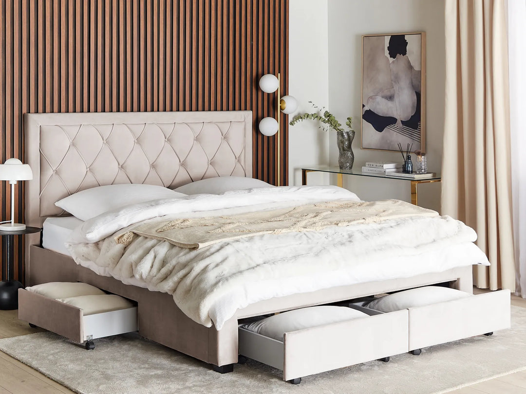 Bed with Storage Drawers Velvet 180 x 200 cm (EU Super King) Beige Klea